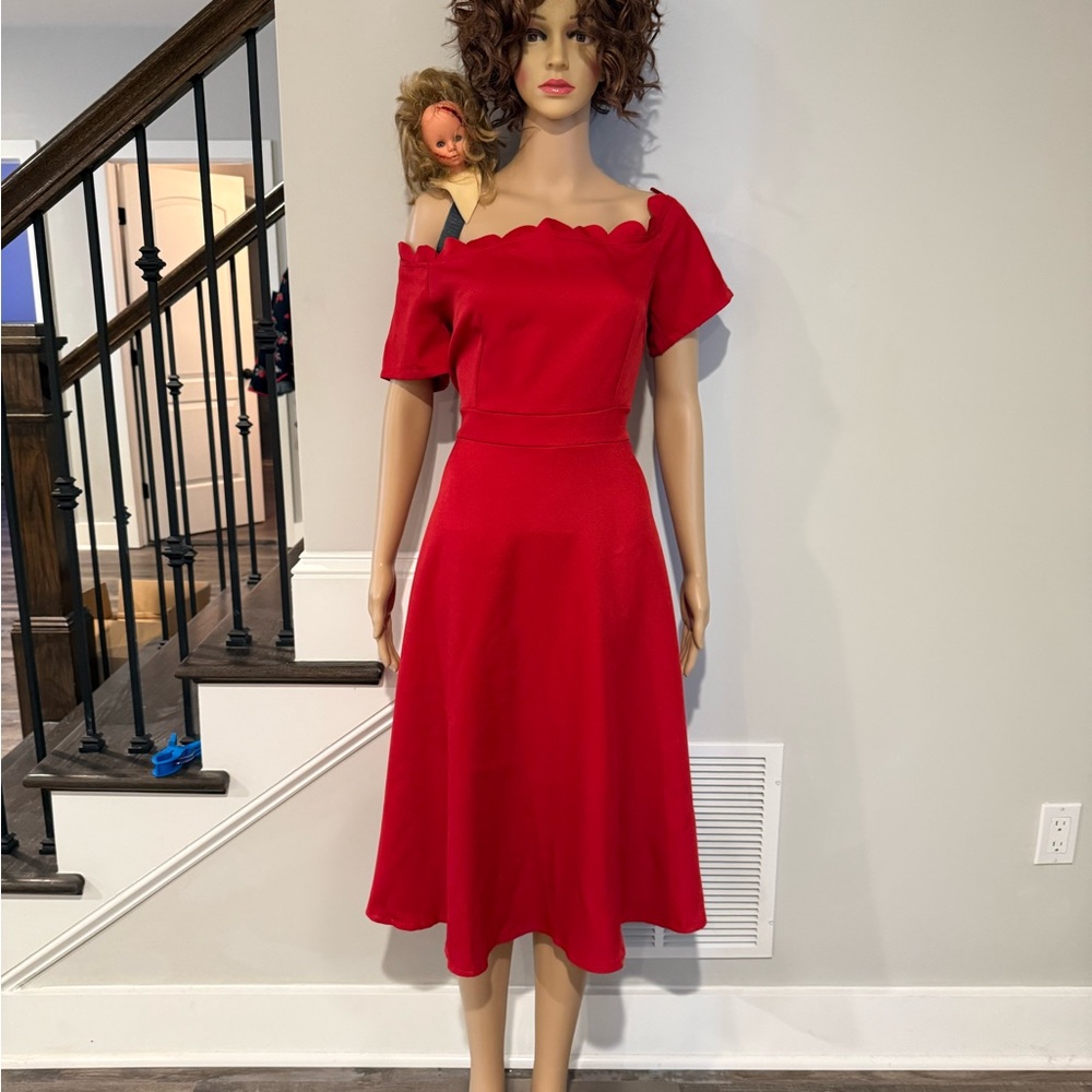 Circus Sideshow woman with two heads costume w/ red Off-Shoulder Midi Dress